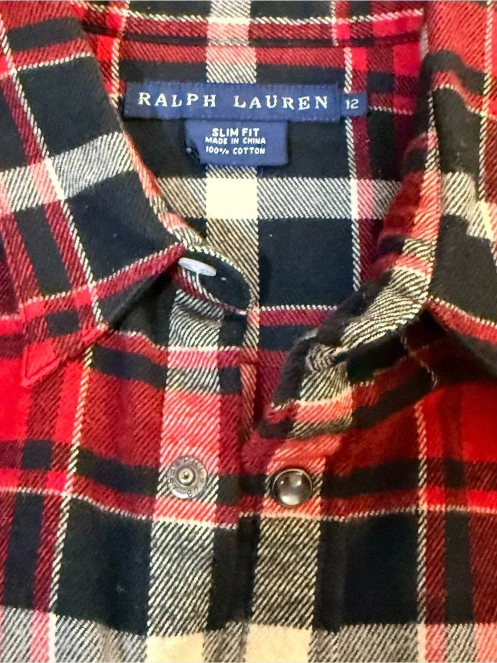 Ralph Lauren Red Black Cream Plaid Button-Down Flannel sz 12 Kid  100% Cotton